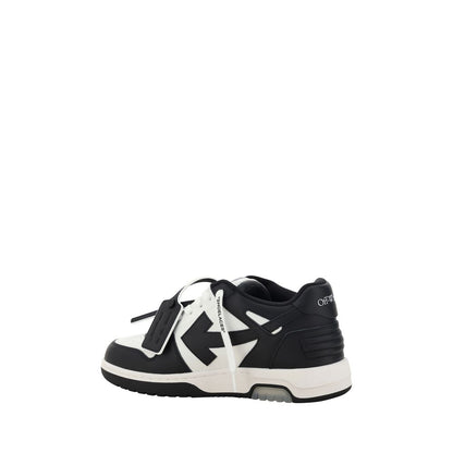 Off-White Black Rubber Low Top Sneakers with embossed Arrow logo and lace-up closure, side view on white background.