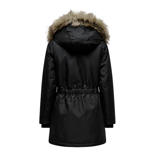 Back view of Only Black Polyester Parka with synthetic fur-lined hood, ideal for winter warmth and style.