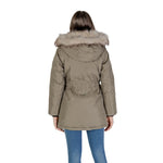 Back view of woman wearing Only Green Polyester Parka with faux fur hood