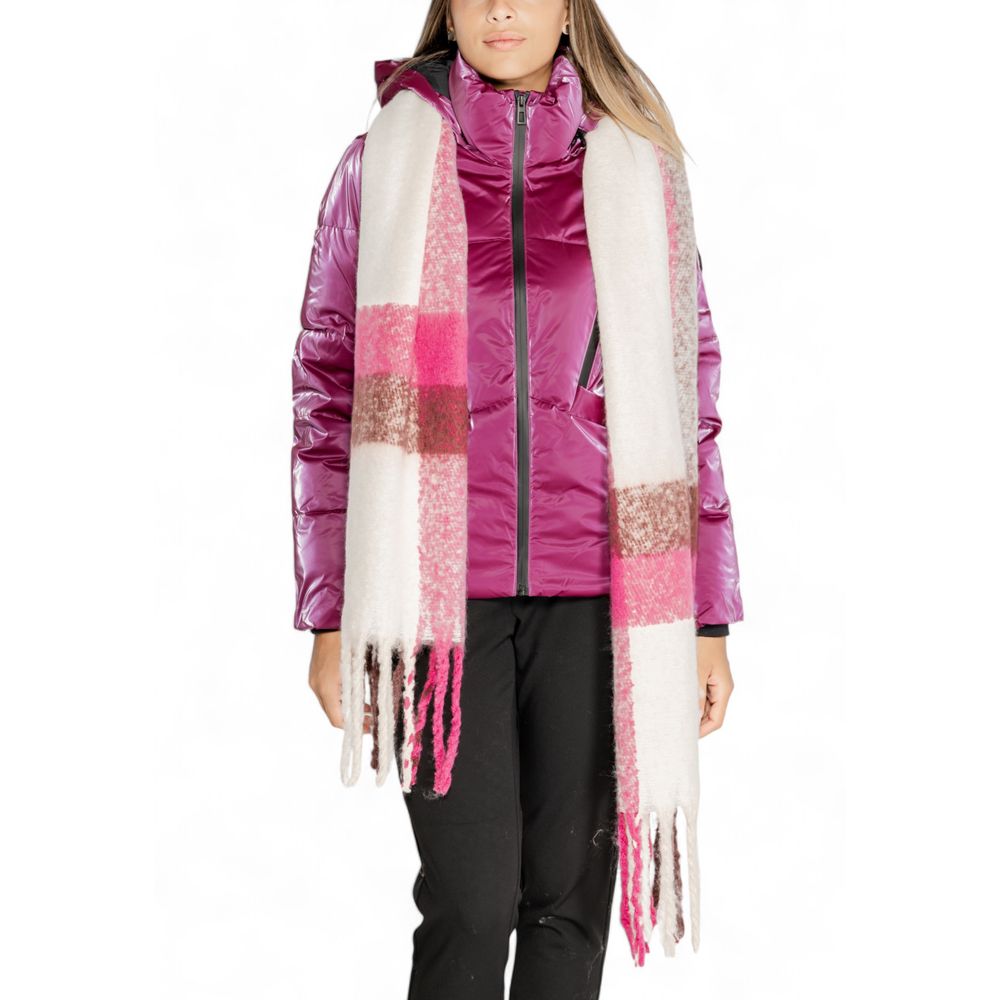 Woman wearing Only Purple Recycled Polyester Scarf with checkered design and pink jacket, showcasing sustainable fashion in any season.