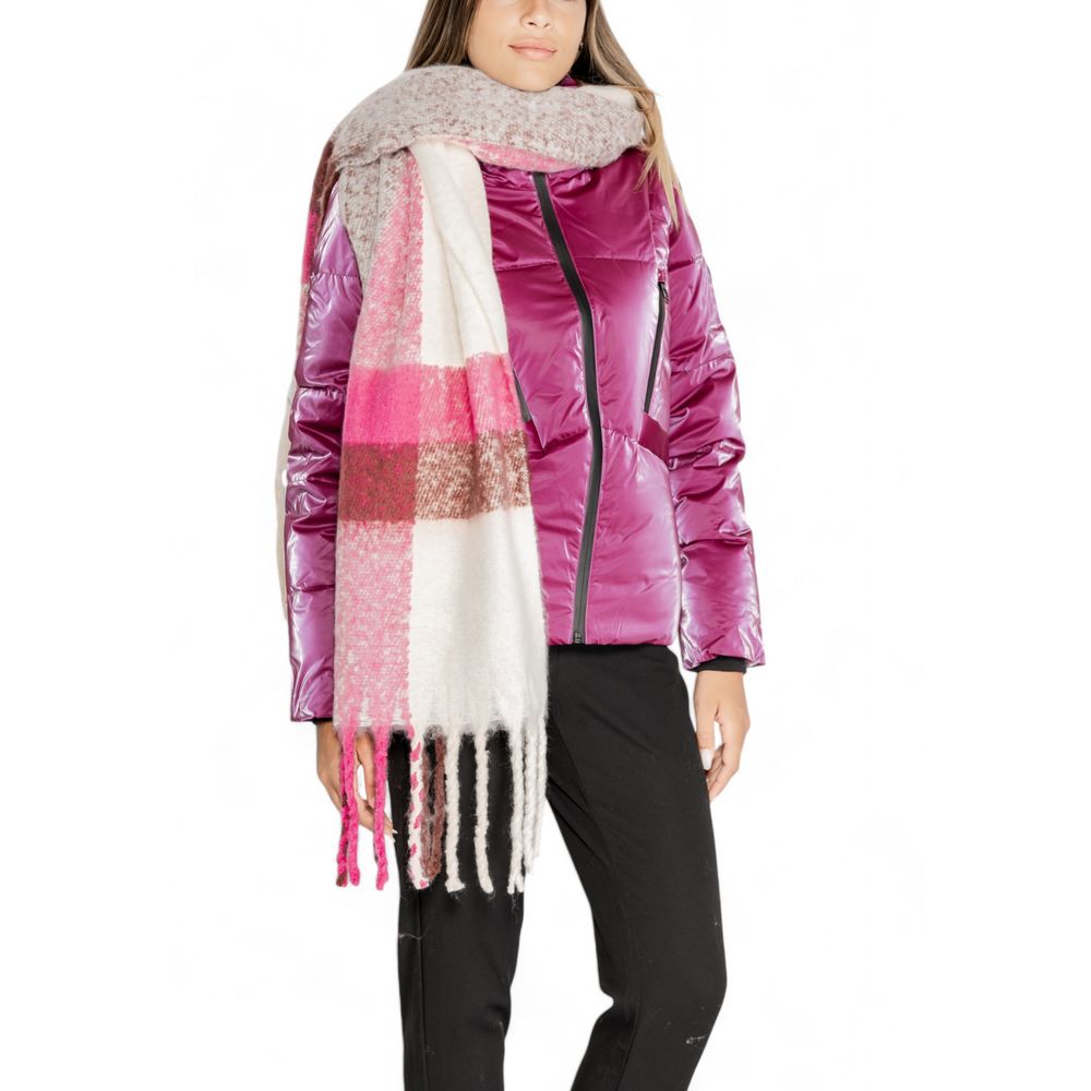 Woman wearing Only Purple Recycled Polyester Scarf with checkered design and stylish outfit