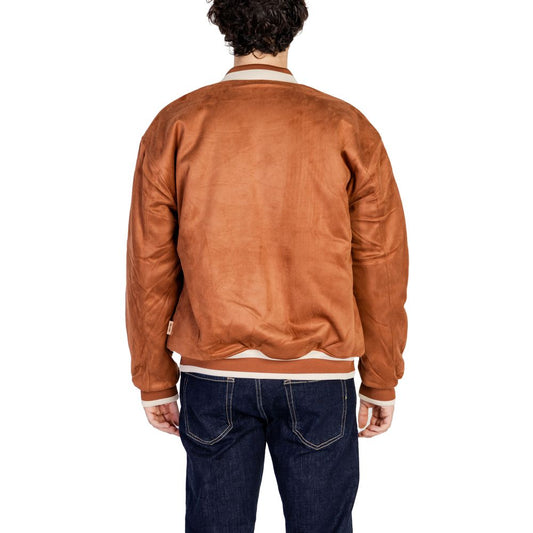 Back view of a stylish Only & Sons Brown Polyester Jackets & Coat, featuring a reversible design and sporty embroidered details.