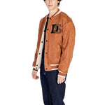 Model wearing Only & Sons Brown Polyester Jackets & Coat, reversible with sporty embroidered details, ideal for versatile outfits.