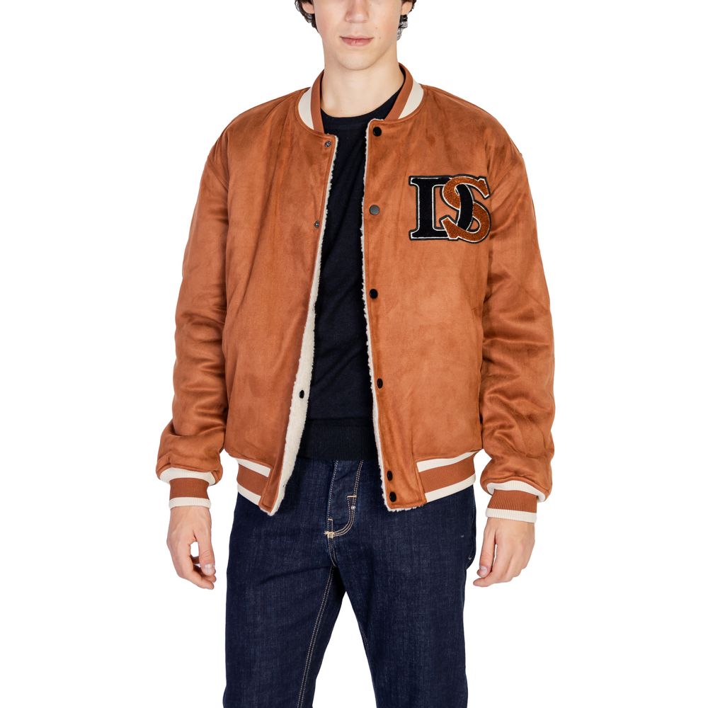Model wearing Only & Sons Brown Polyester Jackets & Coat, showcasing reversible design and sporty embroidered details, perfect for versatile style.