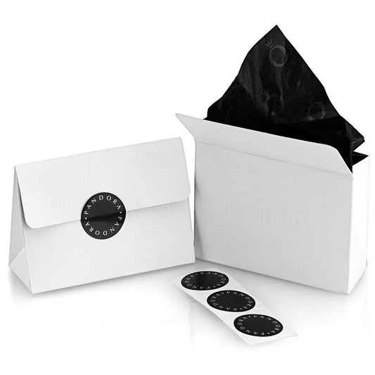 PANDORA JEWELRY Mod. 763998C00 packaging with logo stickers and black tissue paper in a white gift box and envelope.