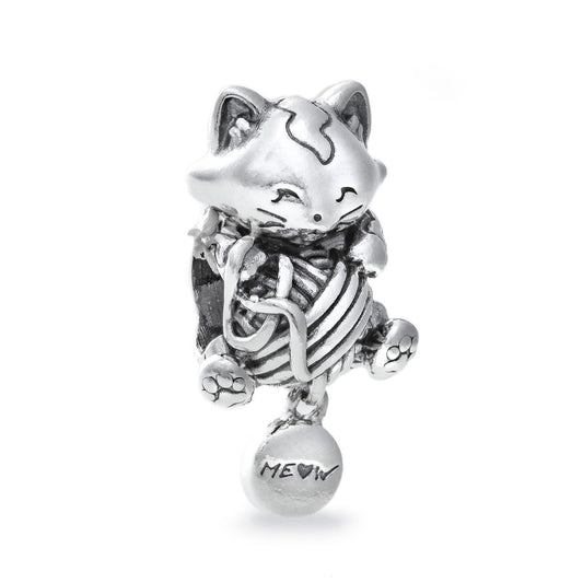 PANDORA Mod. 799535C00 silver cat charm with yarn ball design, crafted from Silver 925°, featuring 'ME♥W' engraving, ideal for lady's jewelry.