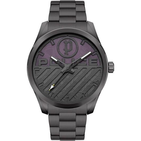 POLICE Mod. GRILLE wristwatch with SS IP Gun case and strap, quartz movement, 48mm black case, and mineral dial.