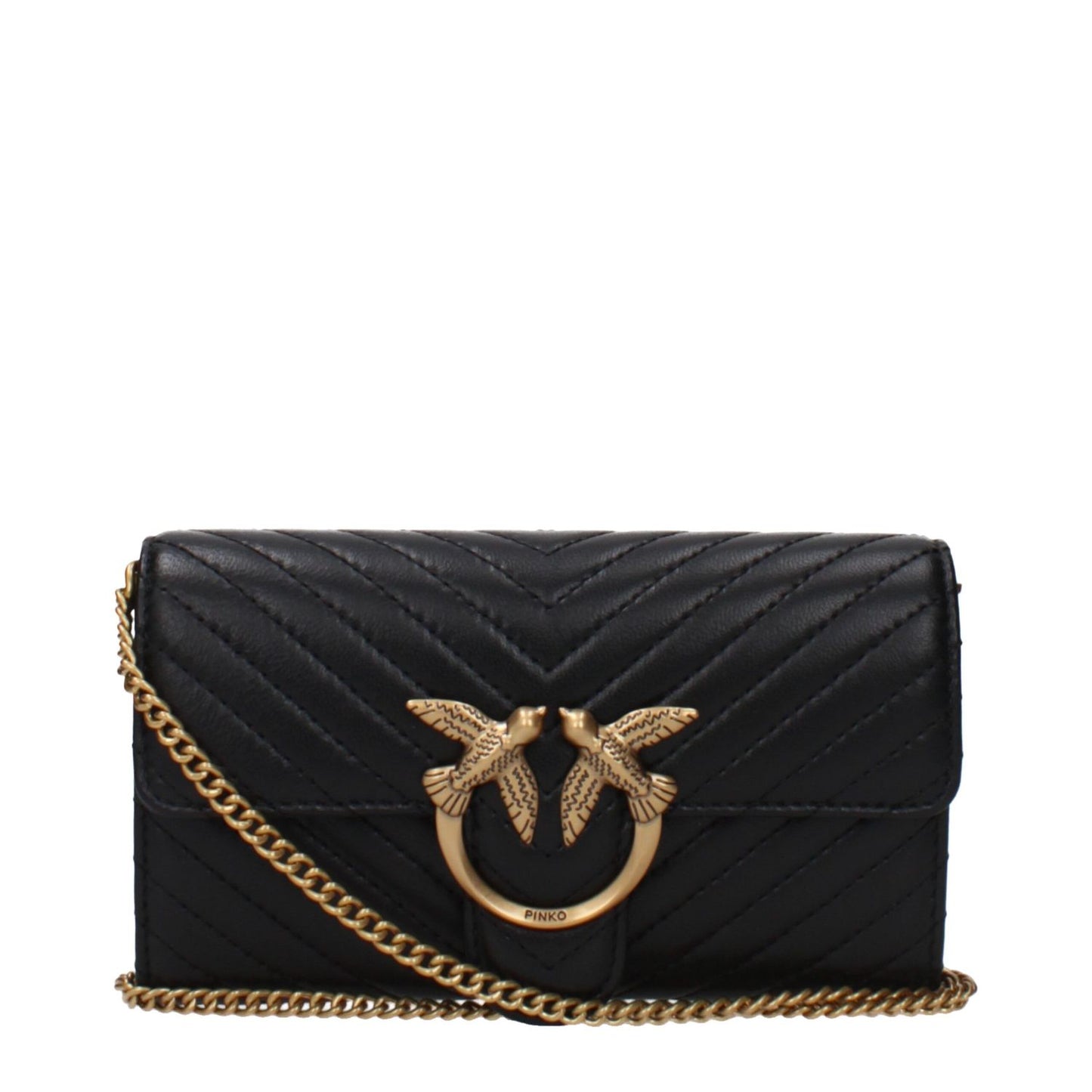 PINKO Black Leather Clutch Bag with gold front logo, removable shoulder strap, and button closure, stylish small vintage effect design.