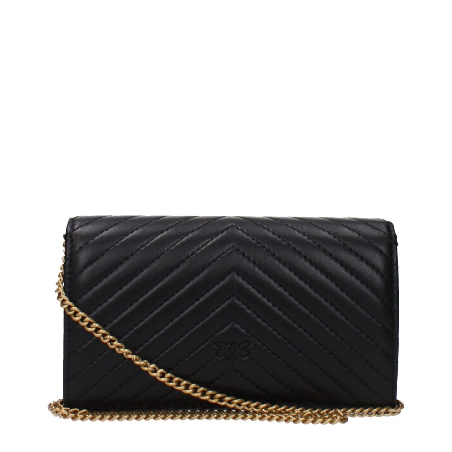 PINKO Black Leather Clutch Bag with gold chain, button closure, and stylish design, featuring vintage effect and inner dividers.
