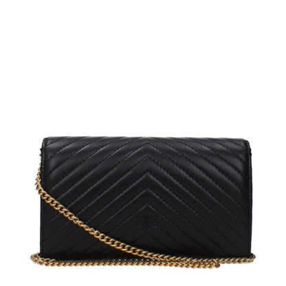 PINKO Black Leather Clutch Bag with gold chain, button closure, and stylish design, featuring vintage effect and inner dividers.