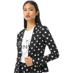 Model wearing PINKO Black Viscose Women Blazer with polka dots, showcasing Italian craftsmanship, style, and comfort.