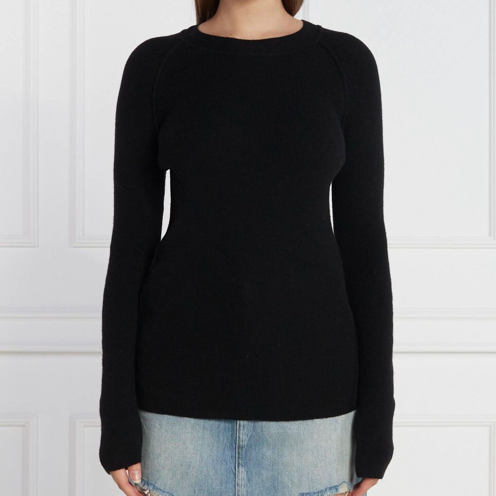 PINKO Black Wool Sweater with crew neck and metal logo detail on back, worn by model in light blue jeans.