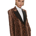 PINKO Brown Cotton Women Blazer in python print with peak lapels and single-button closure.