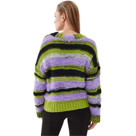 Back view of woman wearing PINKO Purple Marabou Sweater with multicolored stripes, V-neck, and ribbed cuffs.