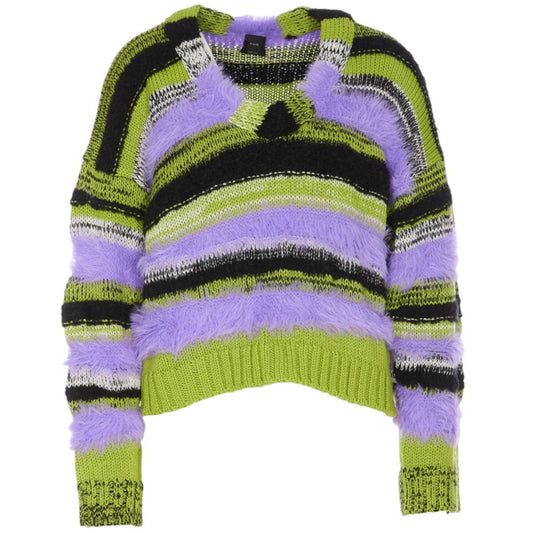PINKO Purple Marabou Sweater with multicolored stripes, wool-acrylic blend, V-neck, ribbed cuffs, vibrant fashion garment.