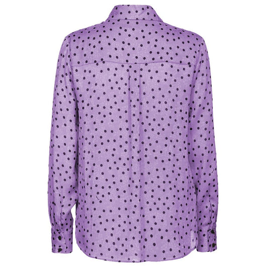 PINKO Purple Polyester Shirt with polka dot jacquard fabric, classic collar, button closure, and soft sleeves, back view.