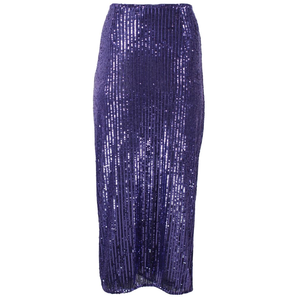 PINKO Purple Polyester Skirt with sequin appliqué, front bow, and side zip closure, showcasing stylish stretch fabric design.