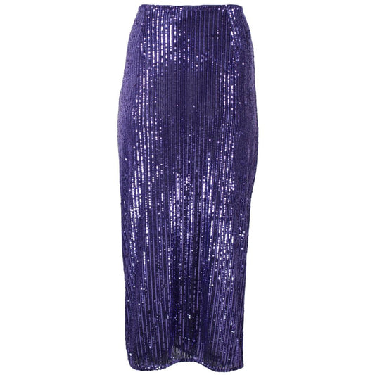 PINKO Purple Polyester Skirt with sequin appliqué, front bow, and side zip closure, showcasing stylish stretch fabric design.