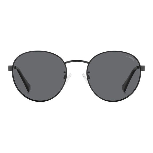 Unisex sunglasses POLAROID MOD. PLD 2144_G_S_X with round black frames and dark lenses.