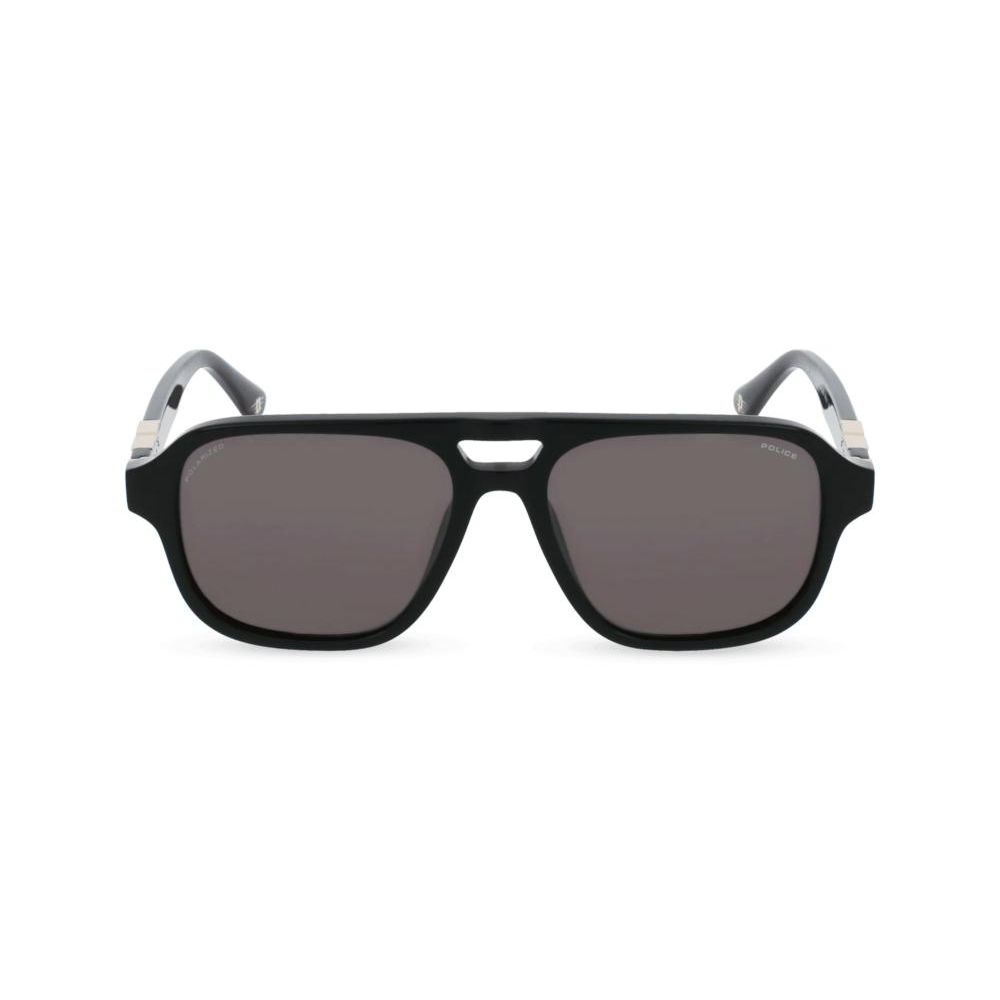 Alt Tag: POLICE MOD. SPLL83 unisex acetate sunglasses, front view with black frames and dark lenses.