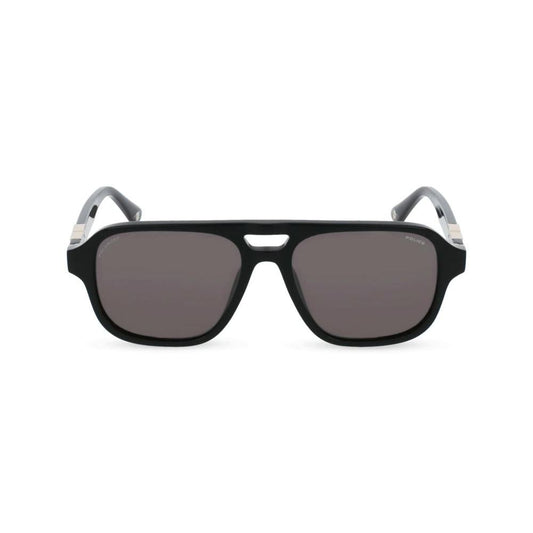 Alt Tag: POLICE MOD. SPLL83 unisex acetate sunglasses, front view with black frames and dark lenses.