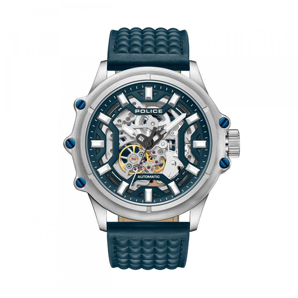 POLICE WATCHES Mod. PEWGE1601803 with blue strap, showcasing detailed watchface and silver casing.