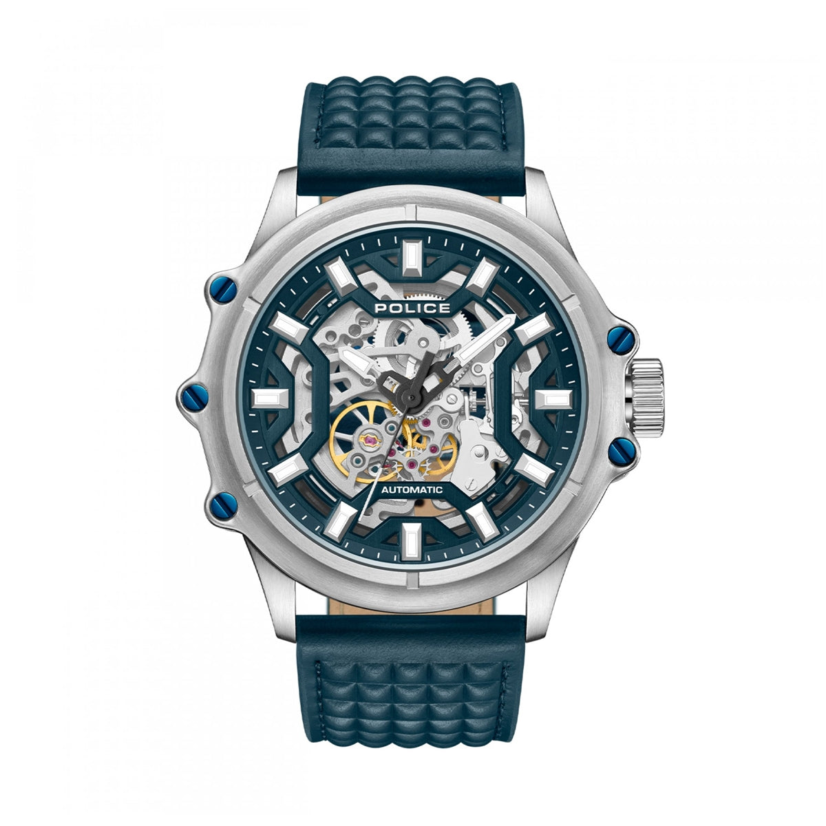 POLICE WATCHES Mod. PEWGE1601803 with blue strap, showcasing detailed watchface and silver casing.