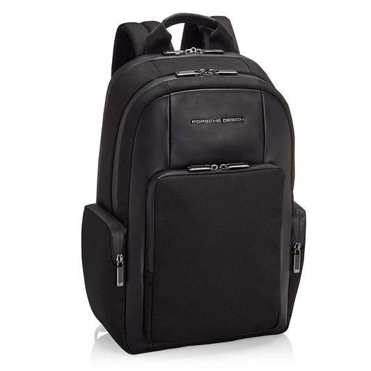 PORSCHE PELLETTERIA MOD. ONY01613-001 sleek black backpack with multiple compartments and durable zippers.