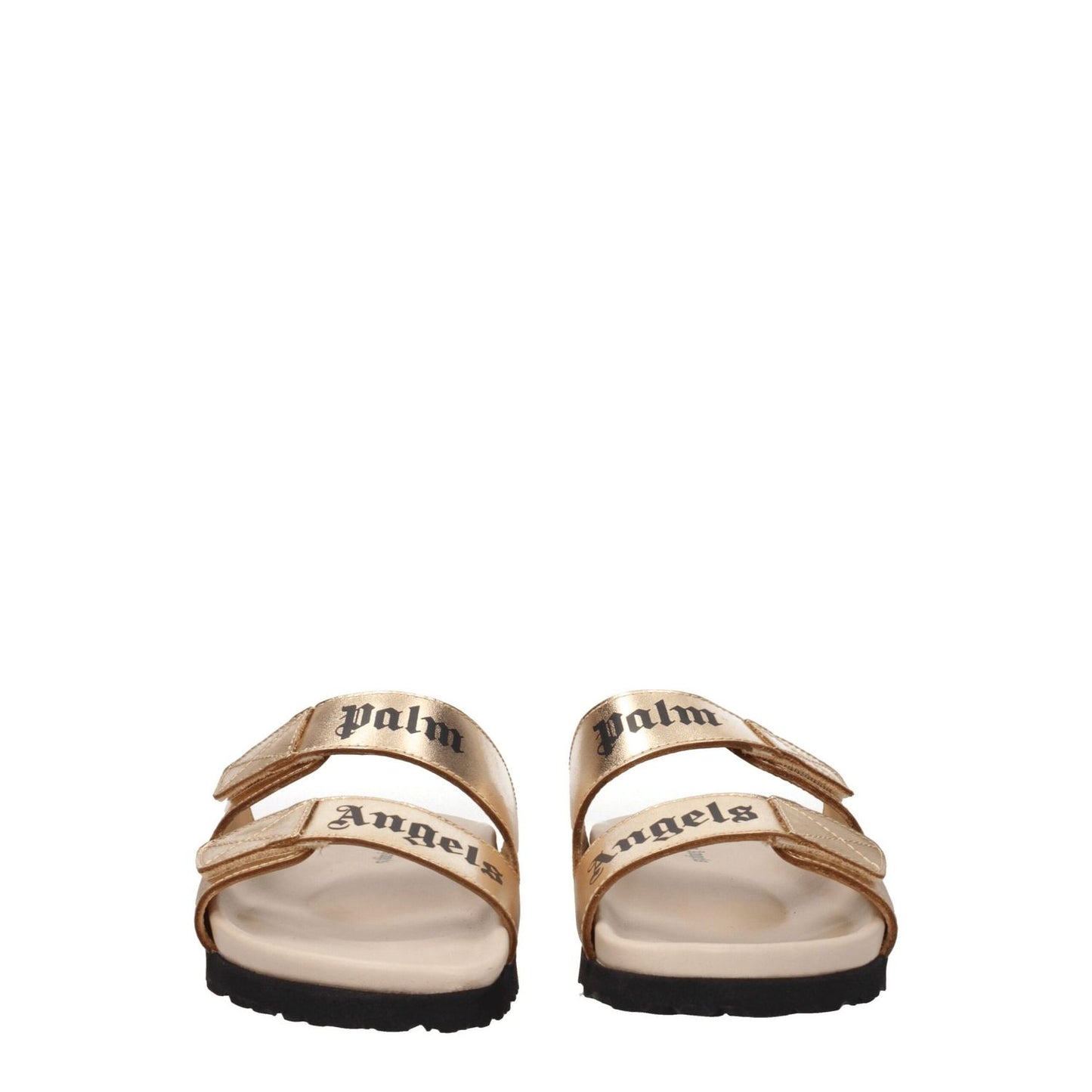 Palm Angels Gold Leather Slippers featuring metallic effect and front logo, open toe design, low flat heel with rubber sole.