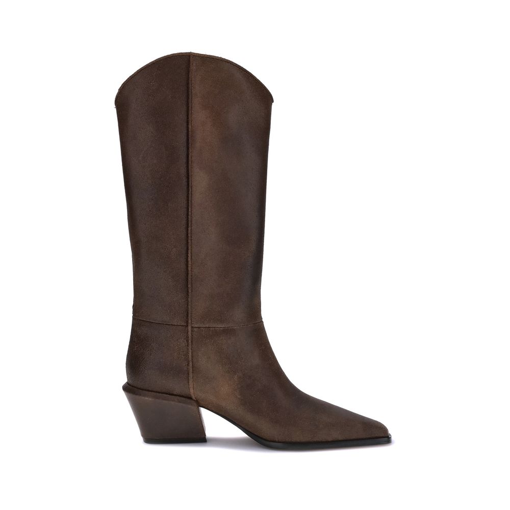 Paris Texas Brown Leather Boots with a tapered silhouette and chunky heel, perfect for bold urban looks.