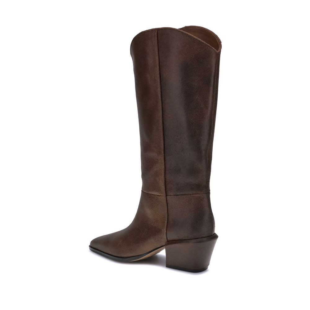 Paris Texas Brown Leather Boots with tapered silhouette and chunky heel for AW25.
