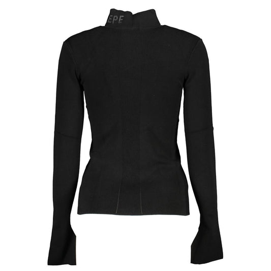 Patrizia Pepe Black Cotton Sweater with long sleeves, turtleneck, and logo embroidery.