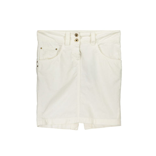 Patrizia Pepe White Cotton Skirt, short style with 5 pockets, buttons and zip closure, featuring logo detail.
