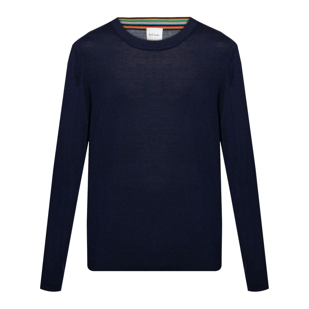 Paul Smith Sweaters Blue - navy blue wool crewneck sweater with long sleeves and ribbed trim.