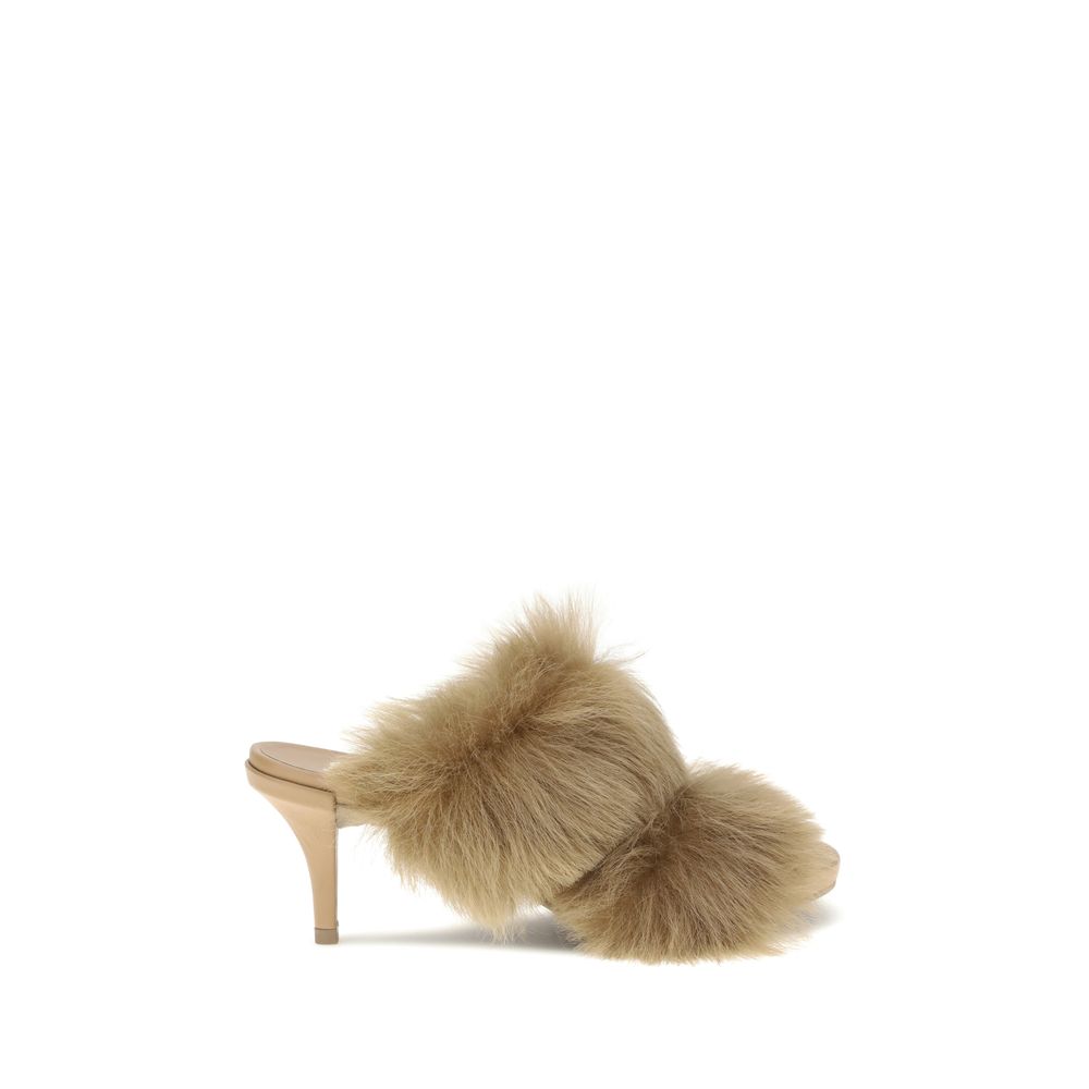 Pedro García Beige Leather Stiletto Heel Sandals with fur trim and open toe, elegant design perfect for glamorous evening looks, AW25.