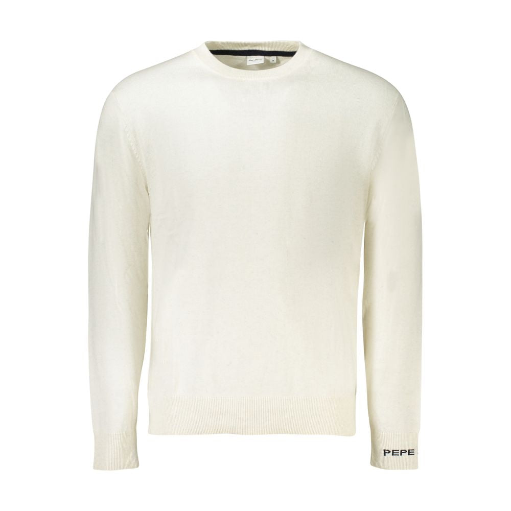 Pepe Jeans Bianco Cotton Men Sweater in white with long sleeves and minimalist design for urban fashion.
