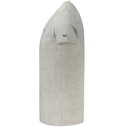 Side view of a gray t-shirt with a small sleeve logo.