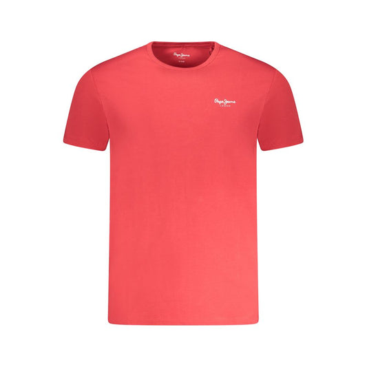 Pepe Jeans Red Cotton Men T-Shirt featuring short sleeves and crew neck, made from 95% cotton, with bold logo, ideal for casual style.