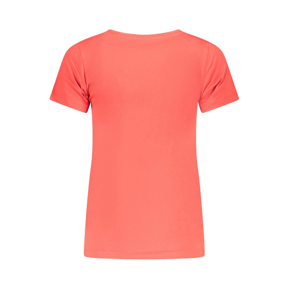 Back view of Pepe Jeans Red Cotton Women T-Shirt showcasing short sleeves and vibrant color.