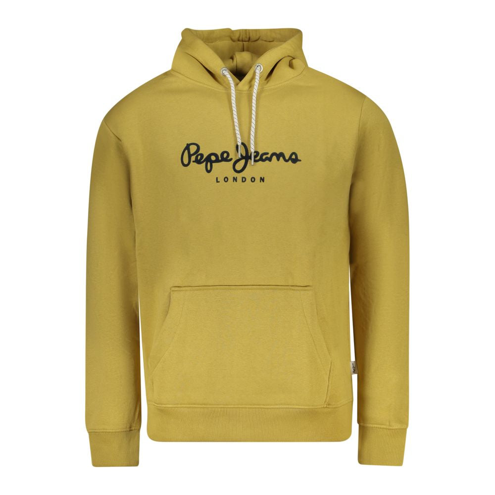Pepe Jeans Yellow Cotton Men Sweater featuring a vibrant hoodie with logo, central pocket, and sustainable cotton blend for stylish comfort.