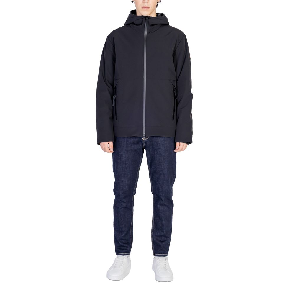 Peuterey Black Polyamide Jackets & Coat with hood and zip pockets, stylish and functional outerwear for men, front view.