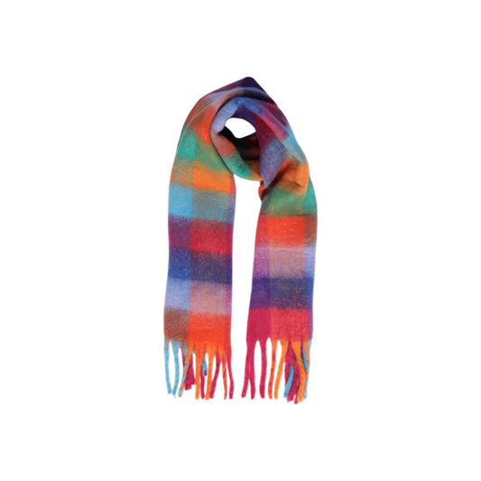Pieces Orange Recycled Polyester Scarf with colorful checkered pattern and fringed ends