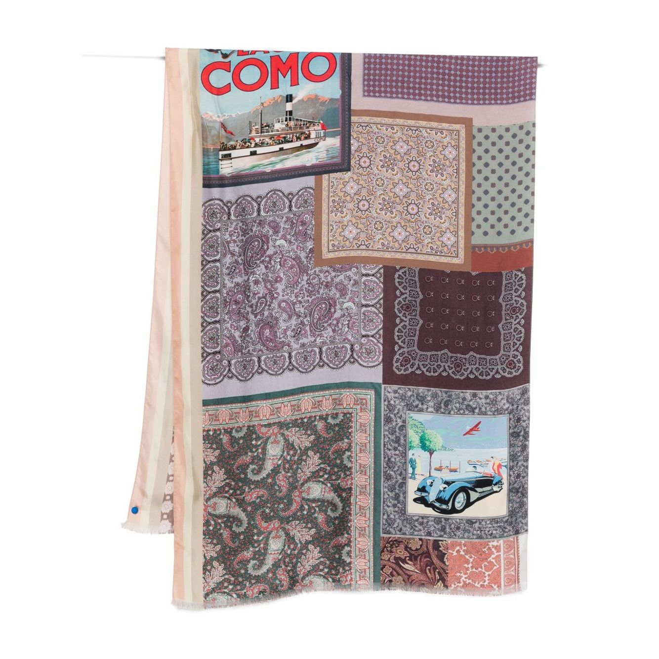 Pierre Louis Mascia Lago di Como silk printed scarf with multicolor paisley pattern patchwork design, 200cm x 65cm.