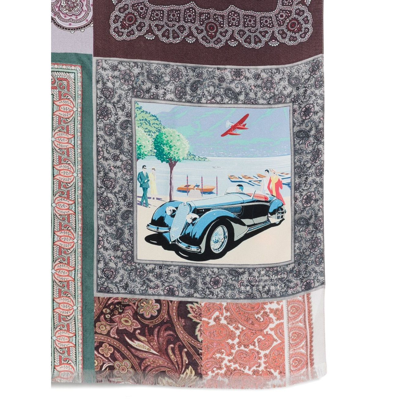 Pierre Louis Mascia Lago di Como silk printed scarf with multicolor paisley pattern and vintage car design in patchwork style.