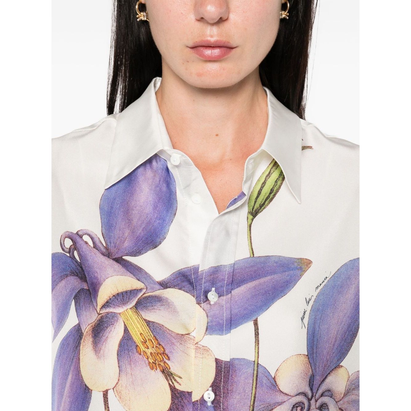 Close-up of Pierre Louis Mascia Shirts White with long sleeves, button fastening, and floral print on white silk.