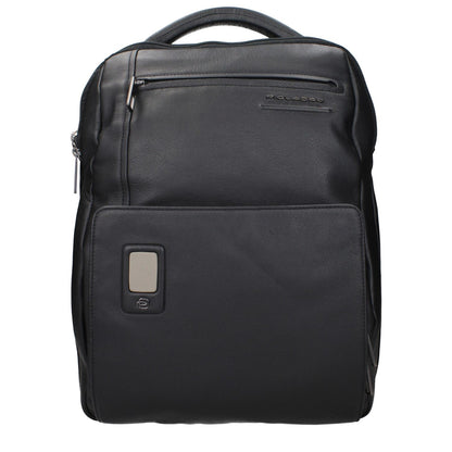 Piquadro Black Leather Backpack with front logo, adjustable straps, and ipad/pc cases, featuring MPN CA5105AON, code F84381.