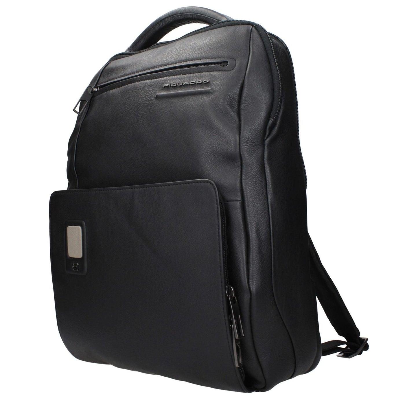 Piquadro Black Leather Backpack with adjustable straps, front logo, and iPad/PC cases. MPN CA5105AON, code F84381. Luxury design.