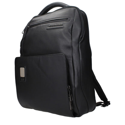 Piquadro Black Leather Backpack with adjustable straps, front logo, and iPad/PC cases. MPN CA5105AON, code F84381. Luxury design.