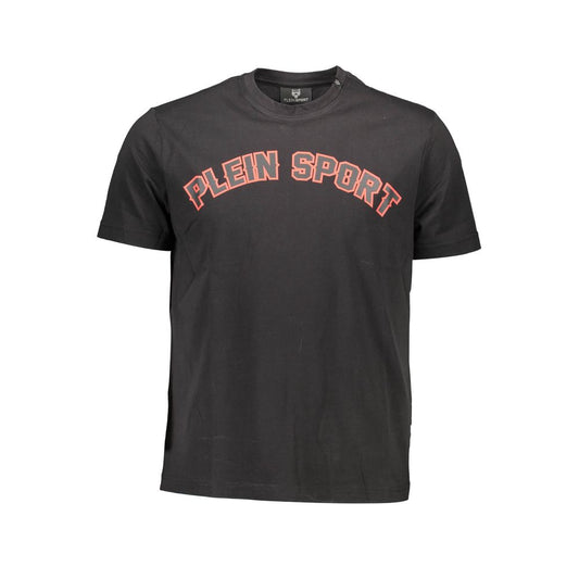 Plein Sport Black Cotton Men T-Shirt with bold logo and short sleeves, ideal for trendy streetwear style and comfort.