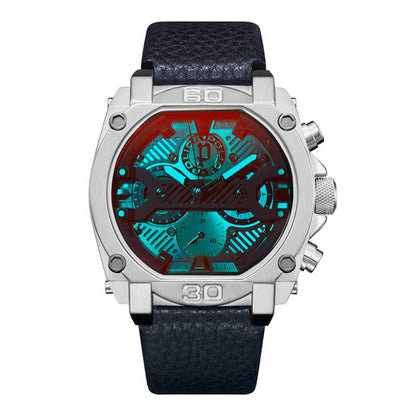 Police Blue Leather Dress Watch with quartz mechanism, stainless steel case, blue leather bracelet, multicolored dial, analog display.